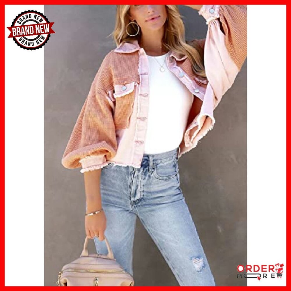 Cropped Waffle Knit Button Down Shacket Women's C… - image 4